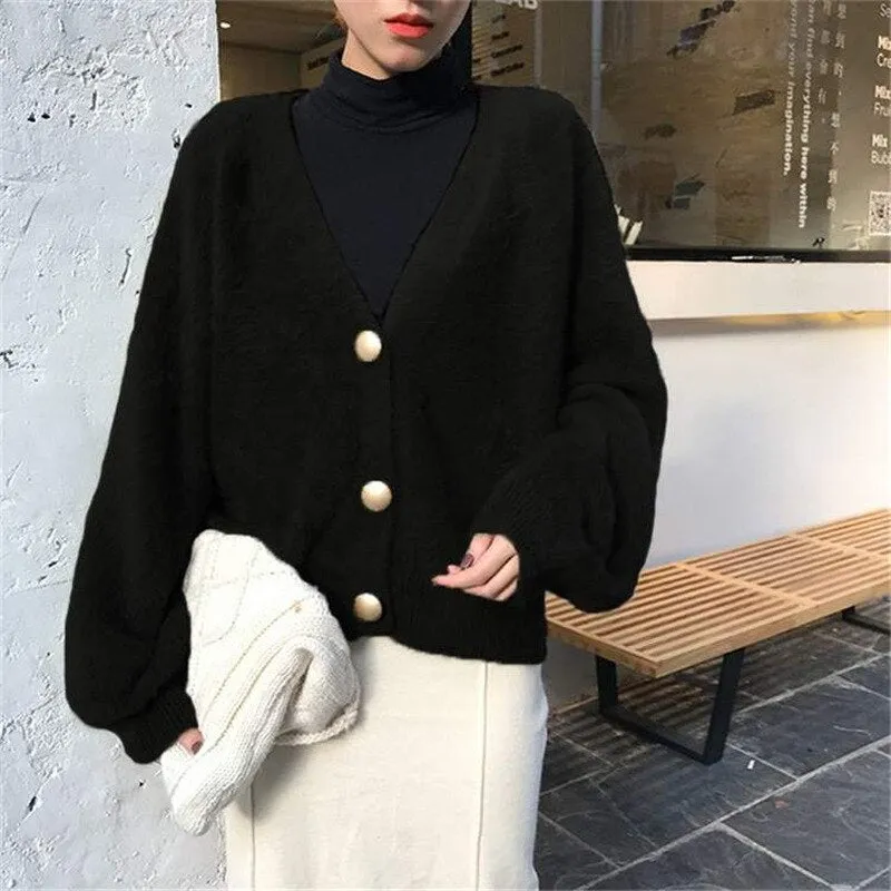 Women Single-breasted Long Sleeve V-Neck Mohair Sweater Cardigans Solid Loose Knitted Coat Outwear