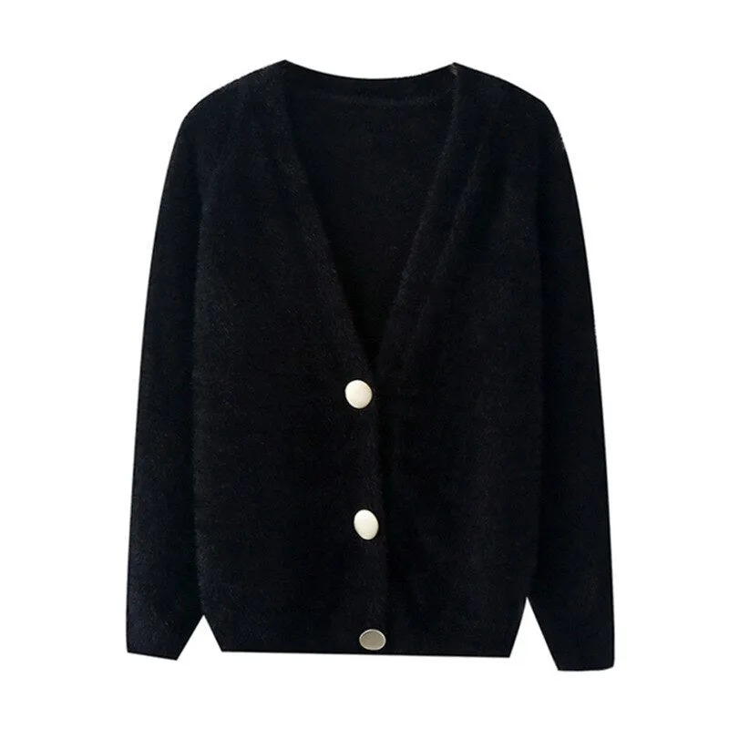 Women Single-breasted Long Sleeve V-Neck Mohair Sweater Cardigans Solid Loose Knitted Coat Outwear