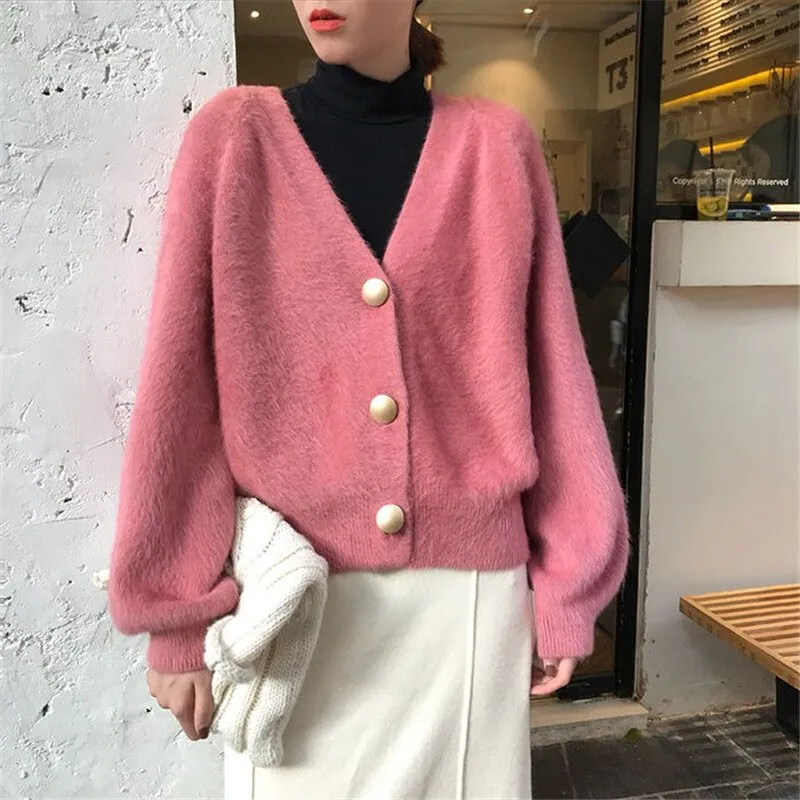 Women Single-breasted Long Sleeve V-Neck Mohair Sweater Cardigans Solid Loose Knitted Coat Outwear