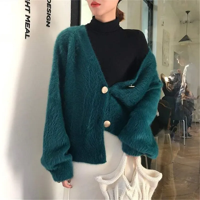 Women Single-breasted Long Sleeve V-Neck Mohair Sweater Cardigans Solid Loose Knitted Coat Outwear