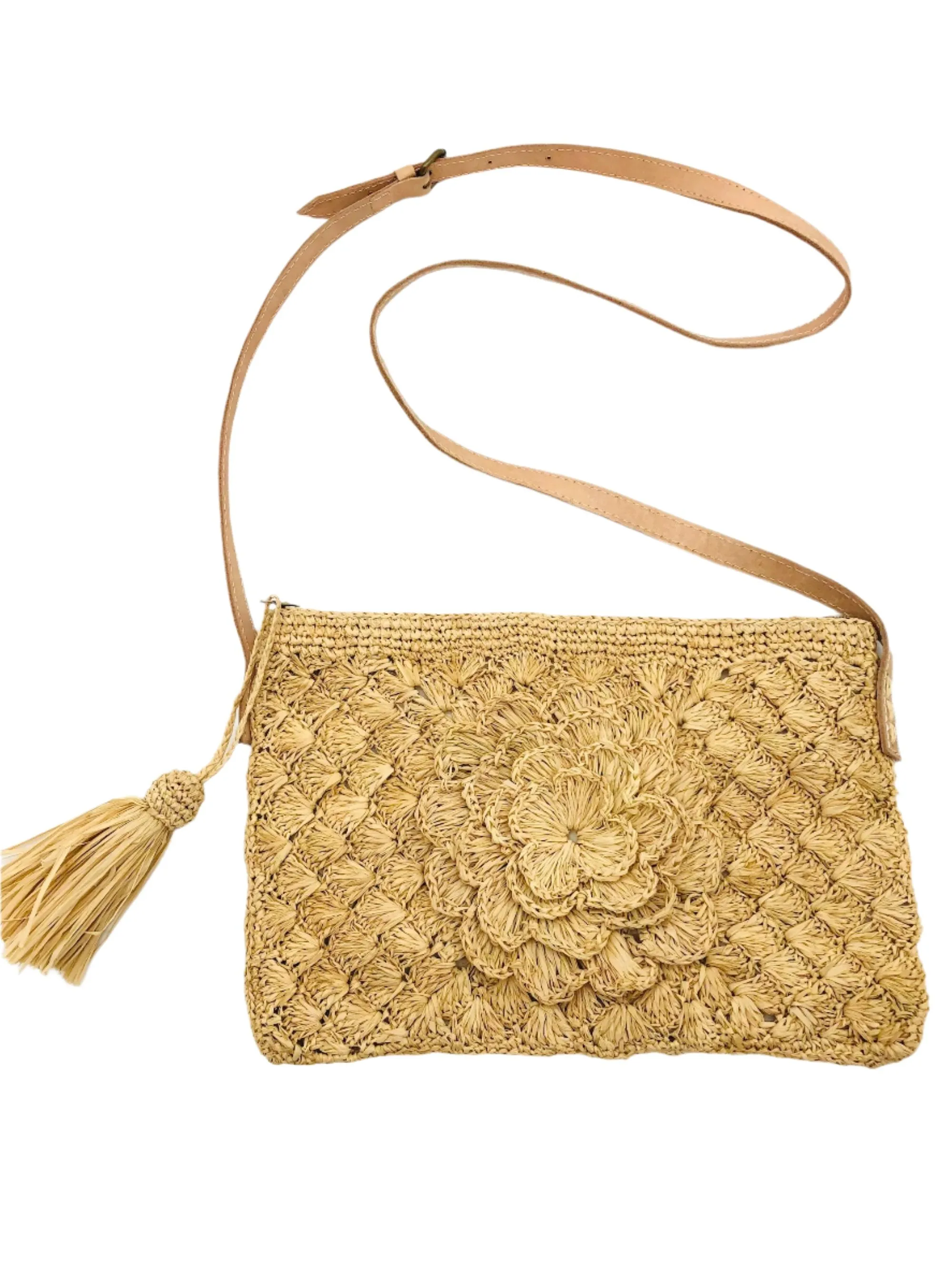 ZaZa Flower Crochet Straw Crossbody Bag with Tassel Zipper Pull